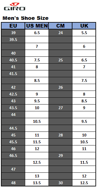 shoe size table for men