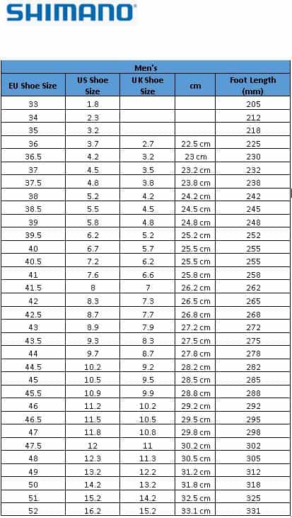 shimano size chart
